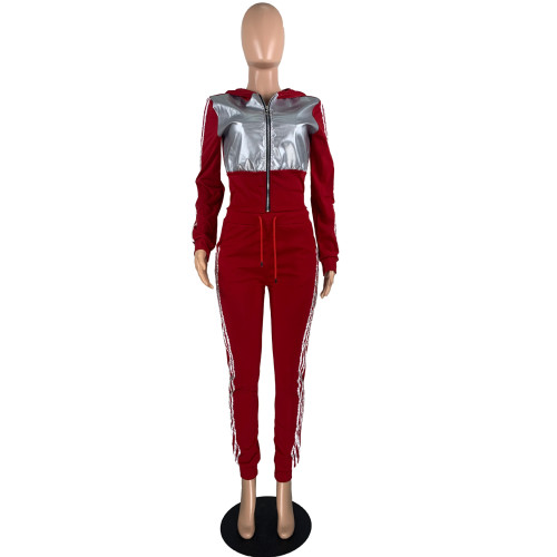 Zipper Hooded PU Patchwork Wholesale Two Piece Set