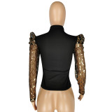 Black High Neck Top with Gold Sequin Mesh Puff Sleeves