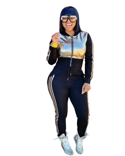 Zipper Hooded PU Patchwork Wholesale Two Piece Set