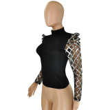 Black High Neck Top with Silver Sequin Mesh Puff Sleeves
