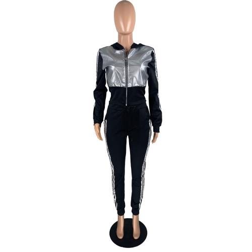 Zipper Hooded PU Patchwork Wholesale Two Piece Set