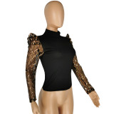 Black High Neck Top with Gold Sequin Mesh Puff Sleeves