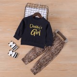 Little Girl's Letter Print Top and Leopard Pants Two Piece Set