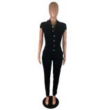 Black Button Short Sleeve Denim Jumpsuit