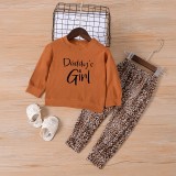 Little Girl's Letter Print Top and Leopard Pants Two Piece Set