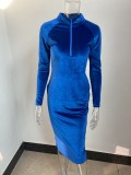 Velvet Blue Zip Up Bodycon Midi Dress