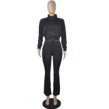 Solid Zipper Jacket and Flare Pants Casual Two Piece Outfits
