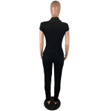 Black Button Short Sleeve Denim Jumpsuit