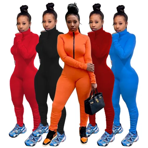 Zip Up Solid Sports Bodycon Stack Jumpsuit