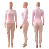 Solid High Neck Basic Top with Warm Fleece Pants 2PCS