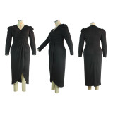 Plus Size Black Puff Sleeve Irregular Slit Dress