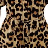 Leopard Print Turn Down Collar Short Sleeve Drawstring Jumpsuit