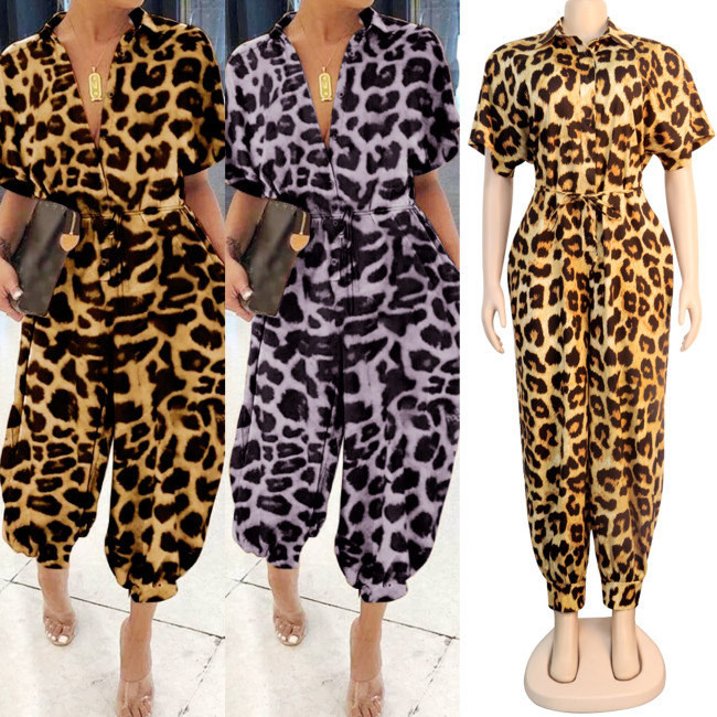 Leopard Print Turn Down Collar Short Sleeve Drawstring Jumpsuit