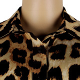 Leopard Print Turn Down Collar Short Sleeve Drawstring Jumpsuit