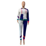 Print Colorblock Zipper Hooded Tracksuit with Pockets