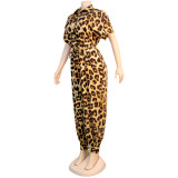 Leopard Print Turn Down Collar Short Sleeve Drawstring Jumpsuit