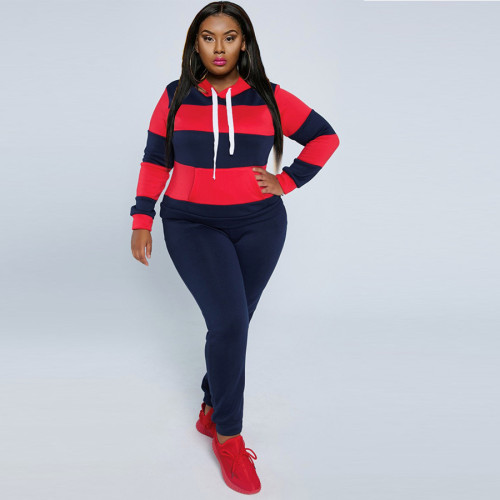 Plus Size Red & Navy Blue Striped Sweatsuits with Hood