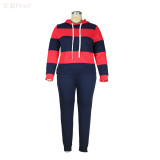 Plus Size Red & Navy Blue Striped Sweatsuits with Hood
