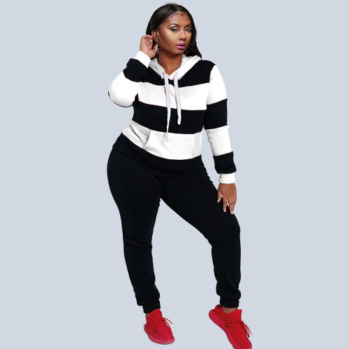 Plus Size Black & White Striped Sweatsuits with Hood