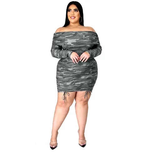 Off Shoulder Drawstring Long Sleeve Plus Size Dress