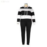Plus Size Black & White Striped Sweatsuits with Hood