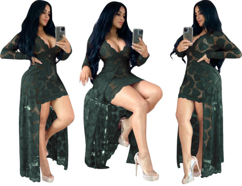 Floral Lace Army Green V Neck Mini Dress with Long Overlay