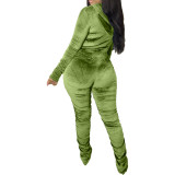 Velvet Green Ruched Zip Up Crop Top and Pants Set