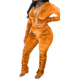 Velvet Light Orange Ruched Zip Up Crop Top and Pants Set