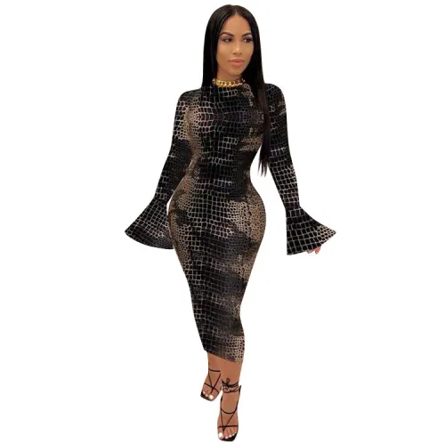 Print Flare Sleeve Bodycon Midi Dress