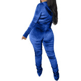 Velvet Blue Ruched Zip Up Crop Top and Pants Set