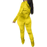 Velvet Yellow Ruched Zip Up Crop Top and Pants Set