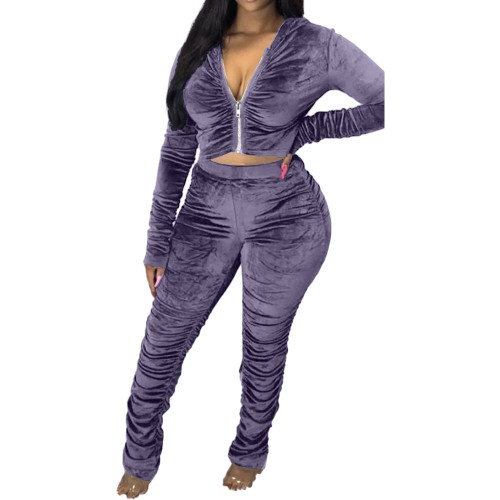 Velvet Lilac Ruched Zip Up Crop Top and Pants Set