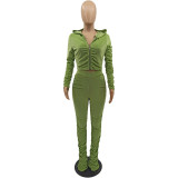 Velvet Green Ruched Zip Up Crop Top and Pants Set