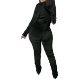Velvet Black Ruched Zip Up Crop Top and Pants Set