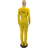 Velvet Yellow Ruched Zip Up Crop Top and Pants Set
