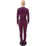 Velvet Purple Ruched Zip Up Crop Top and Pants Set