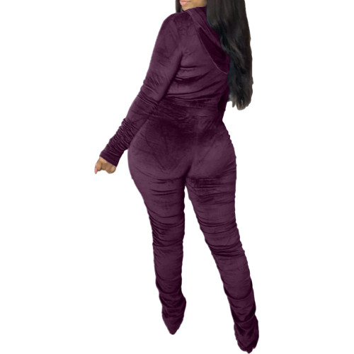 Velvet Purple Ruched Zip Up Crop Top and Pants Set