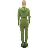 Velvet Green Ruched Zip Up Crop Top and Pants Set