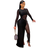 Rhinestone Mesh Patchwork Sexy Club Jumpsuit