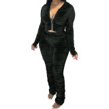 Velvet Black Ruched Zip Up Crop Top and Pants Set