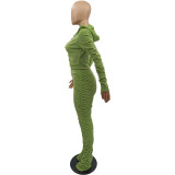 Velvet Green Ruched Zip Up Crop Top and Pants Set