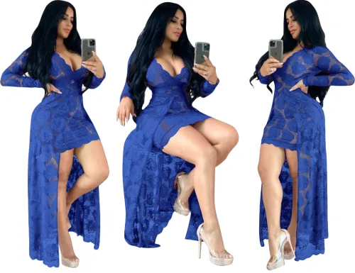 Floral Lace Blue V Neck Mini Dress with Long Overlay