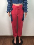 Leisure Loose Pants with Contrast Denim Pockets