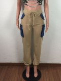 Leisure Loose Pants with Contrast Denim Pockets