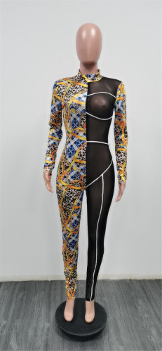 Contrast Patchwork See Through Mesh Bodycon Jumpsuit