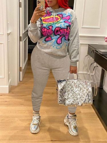 Print Gray Fashion Hooded Sweatsuits