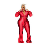 Plus Size Solid Tie Front Top and Flare Pants Set