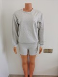 Gray Print Sweatshirt and Shorts Two Piece Set