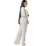 Plain V Neck Button Ribbed Top and Pants Set