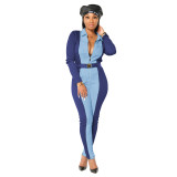 Ribbed Turn Down Collar Contrast Stretchy Jumpsuit(without Belt)